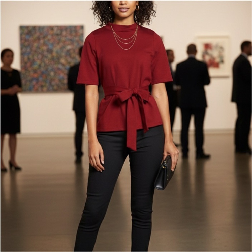 Halogen Red Tie Waist Mock Neck T-Shirt